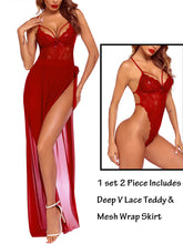 56-Red 2-Piece Black Lingerie Set – Deep V Lace Teddy & Mesh Wrap Skirt